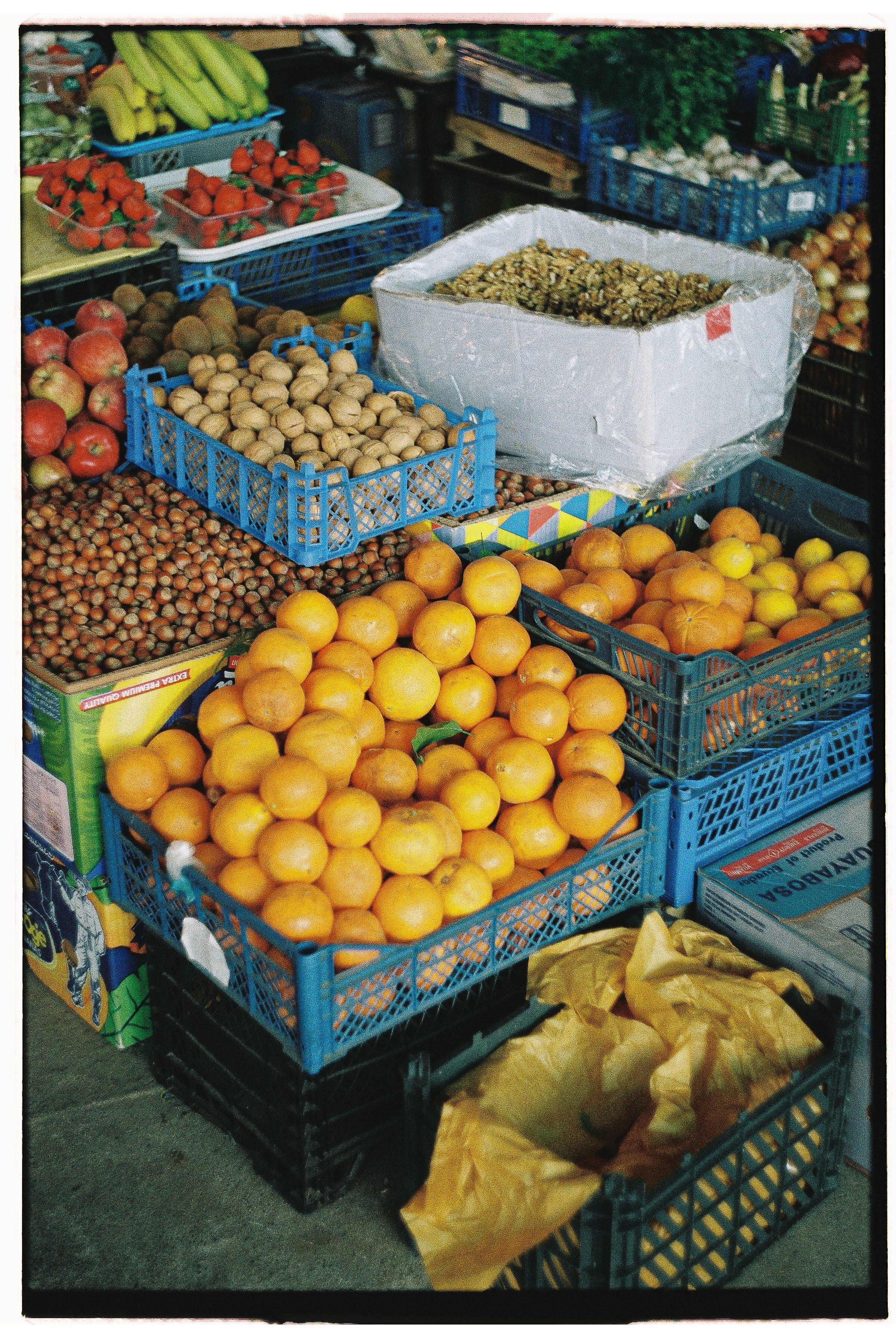 Stacked boxes of fruit