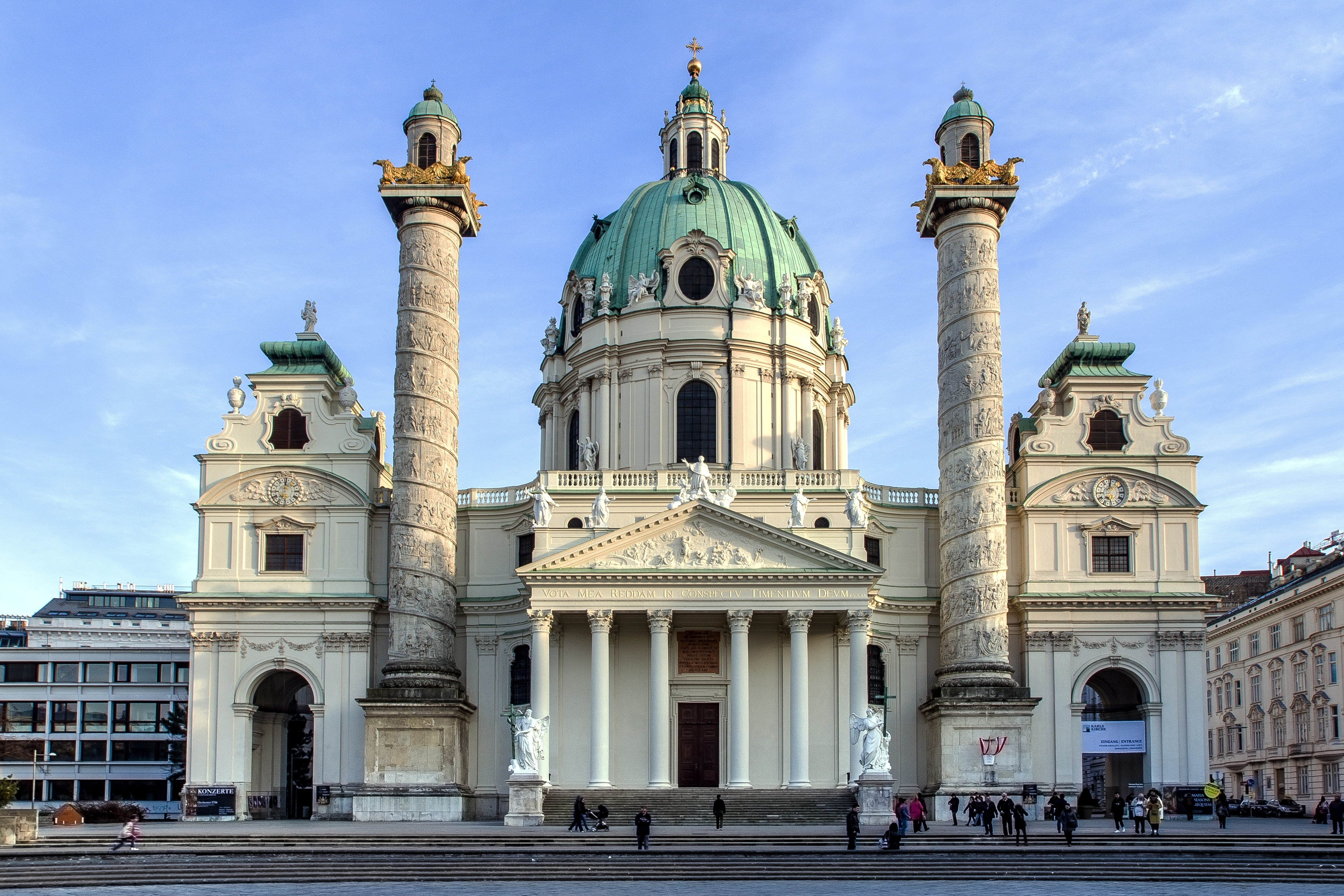 The St. Charles Church in
Vienna, a baroque building containing a dome and two columns.