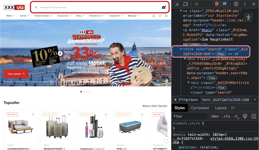 Dev Tools in Chrome showing the search role on the form element of the page search.