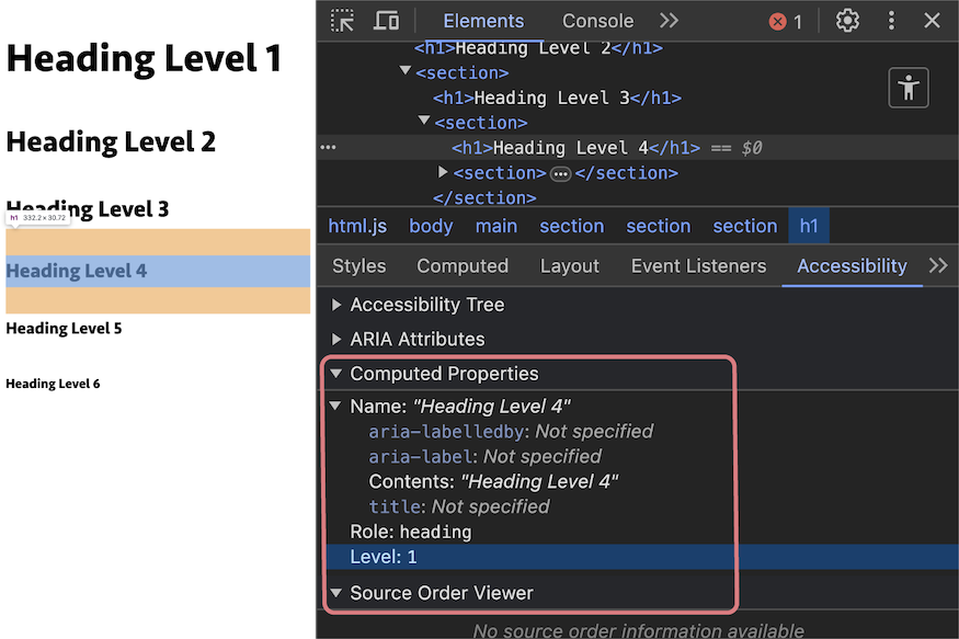 Multiple nested sections, each with an h1. The h1 in the third section selected in the element's panel with the accessibility pane open.