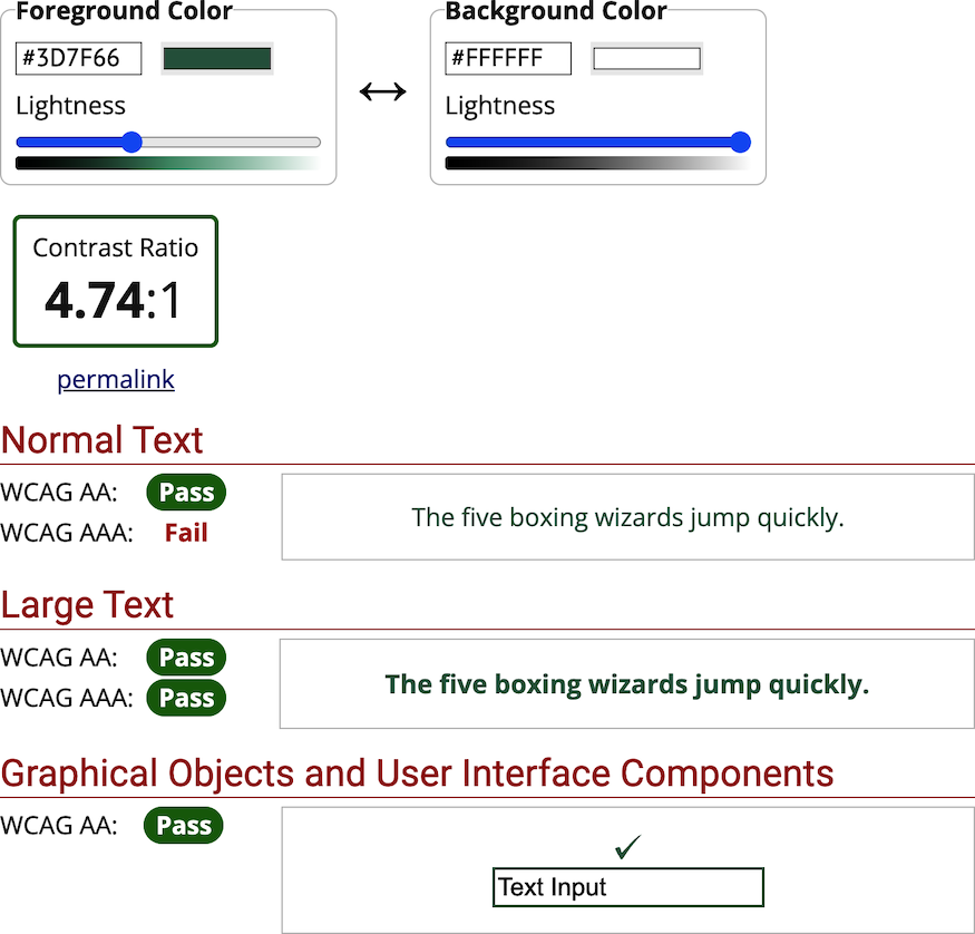 The combination #3D7F66 against #FFF passes double A criteria for normal text.