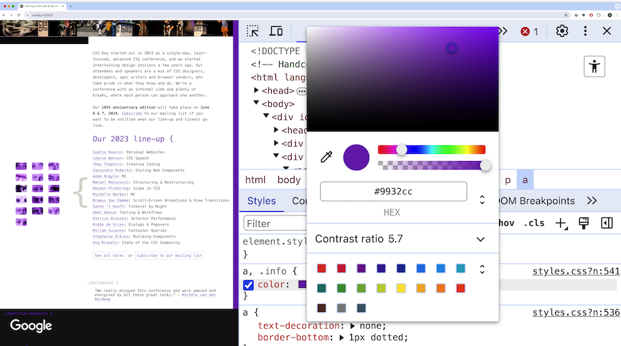 Dev Tools open open on cssday.nl. Elements panel, styles pane and a tooltip visible. The color passes double criteria.