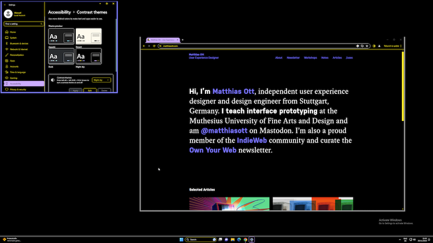 Matthias Otts personal site on Windows. The site's background is black, just like the entire UI of the operating system.