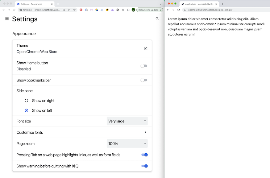 Fonts settings in Google Chrome on the left, a simple paragraph on the right.