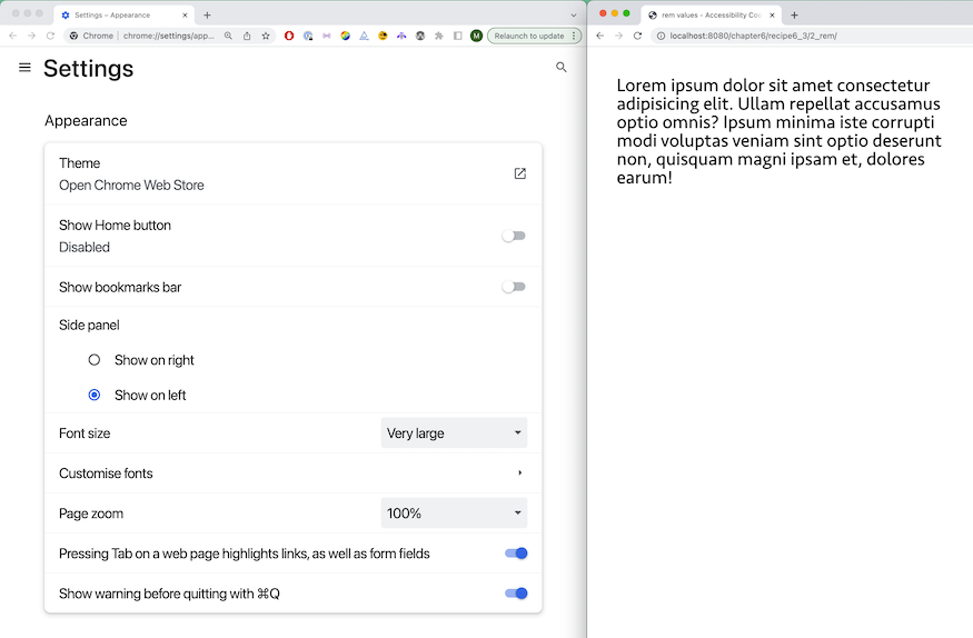 Fonts settings in Google Chrome on the left, a simple paragraph on the right.