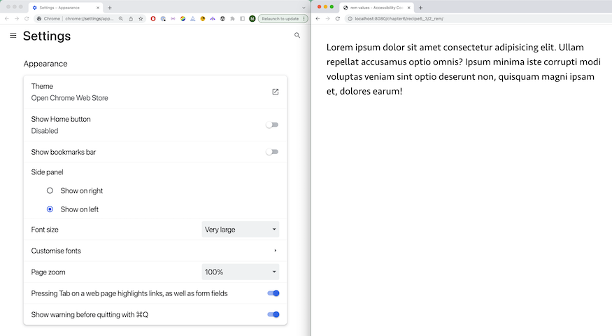 Fonts settings in Google Chrome on the left, a simple paragraph on the right.