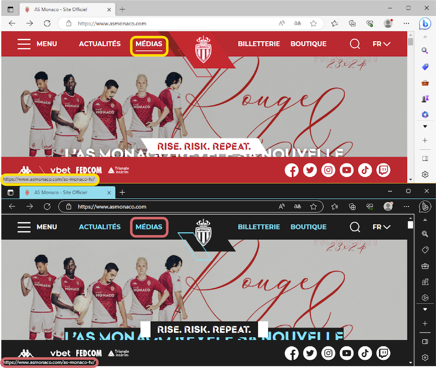 Comparison of the navigation on asmonaco.com in normal and high contrast mode.