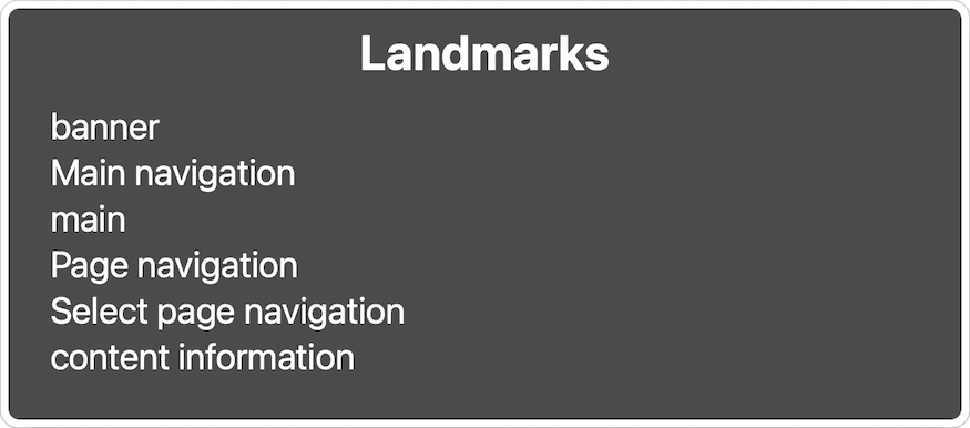 6 landmarks: banner, main navigation, main, page navigation, select page navigation and content information