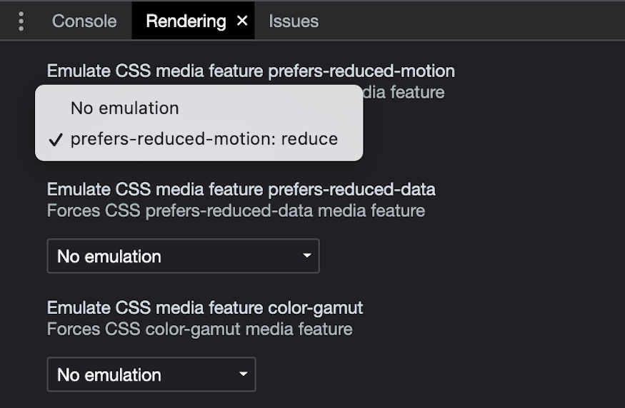 Rendering drawer open and “Emulate CSS feature prefers-reduced-motion” selected. Two options visible: No emulation and prefers-reduced-motion: reduce.