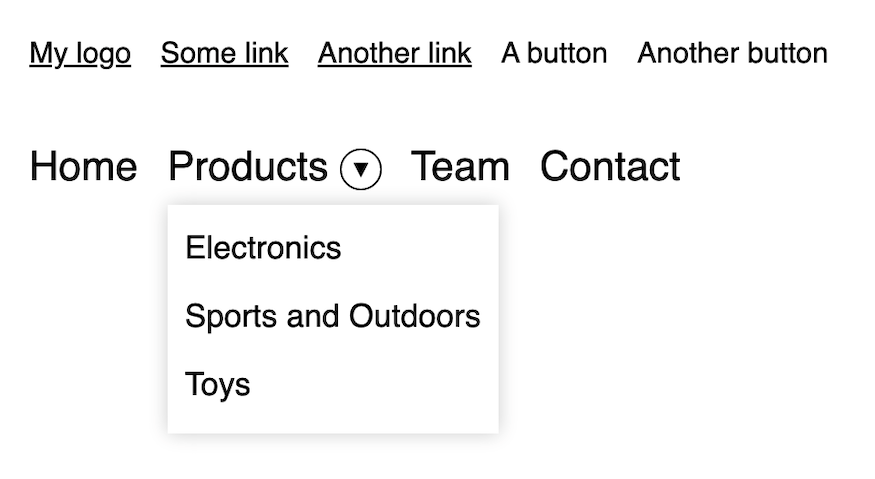 Products sub menu open below the link and button. Options: Electronics, Sports and Outdoors, Toys. Displayed with white background color and a subtle gray box shadow.