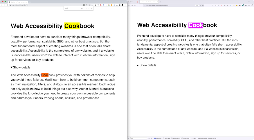 Comparison of Chrome (left) and Firefox. Search for the term 'cook' shows two results in Chrome, details element opened by the browser. Firefox only shows one result, details element closed.