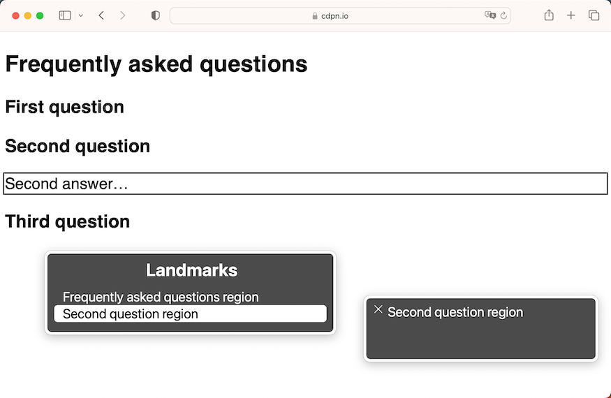 Rotor in VoiceOver listing two landmarks: Frequently asked questions region and second question region.