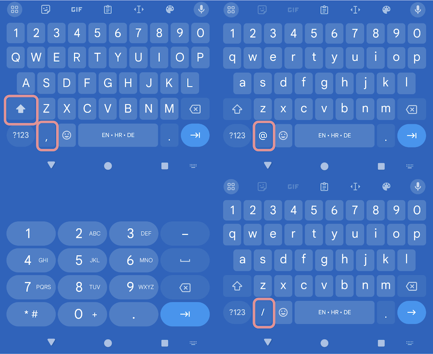 The comma button in the layout for normal text inputs is replaced by an at-sign in email layouts and a slash in url layouts. text is by default uppercase in text inputs. tel inputs only show numbers and permitted special characters.