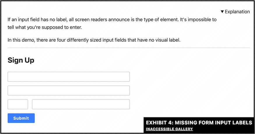 A sign up form with 4 form items and a submit button. there are no labels making it impossible to identify the fields.