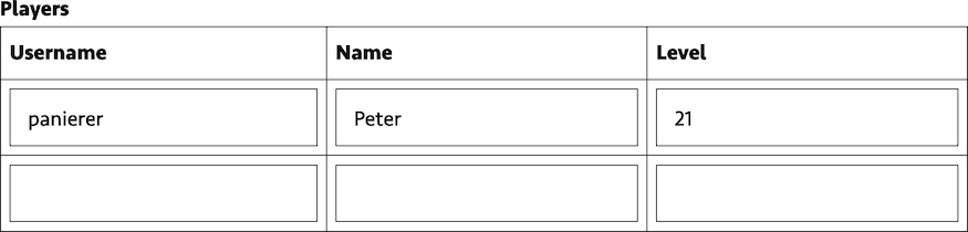 Three columns: username, name, level. first row with filled-out fields. second row with empty fields.