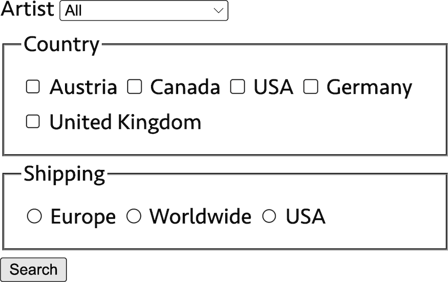 An artist select element, a fieldset with 5 country options, a fieldset with 4 shipping options