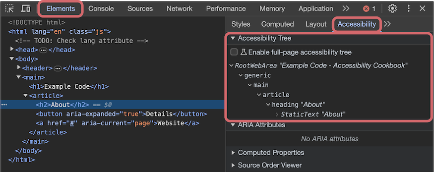 An h2 with the text 'about' highlighted in the DOM view. The accessibility pane shows it as 'heading about statictext about'