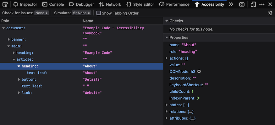 The accessibility tree on the left. Detailed states and properties on the right.