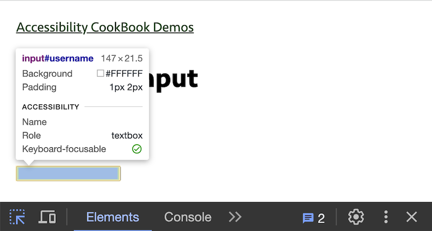 The Elements panel open in Chrome DevTools. The inspection icon active and an input hovered with a tooltip showing accessibility information.