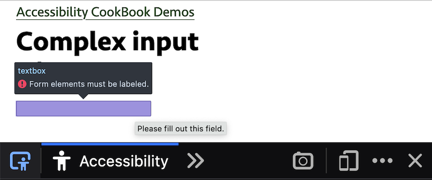 The Accessibility panel open in Firefox DevTools. The inspection icon active and an input hovered with a tooltip showing accessibility information.