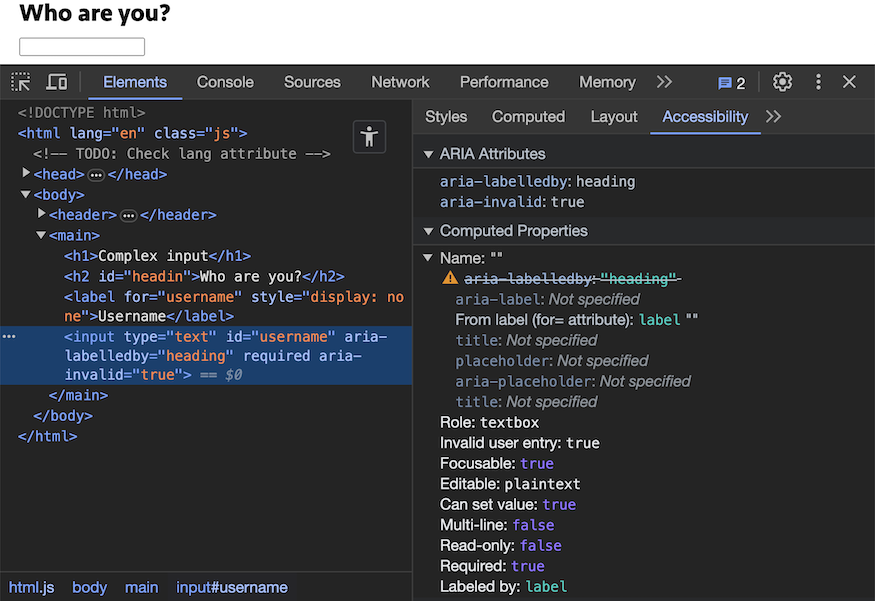 An input field selected in the elements panel and information about its name, role, states, and properties listed in the accessibility panel.