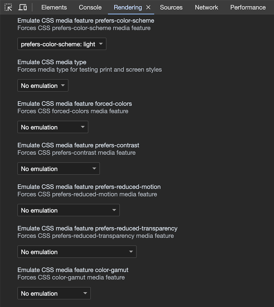 Options to emulate color-scheme, media type, forced-colors, contrast, reduced motion, reduced-transparency, and color gamut.