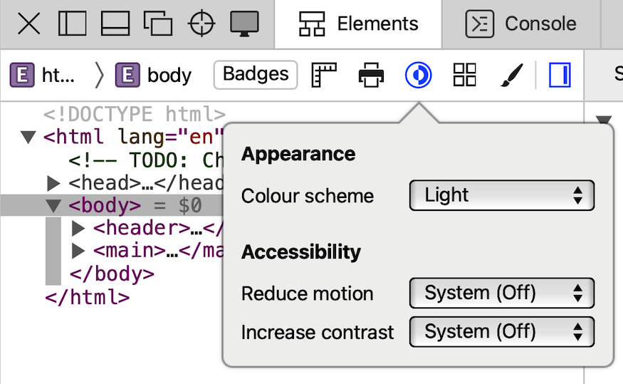 A popover showing options to change the colour scheme, reduce motion and increase contrast.